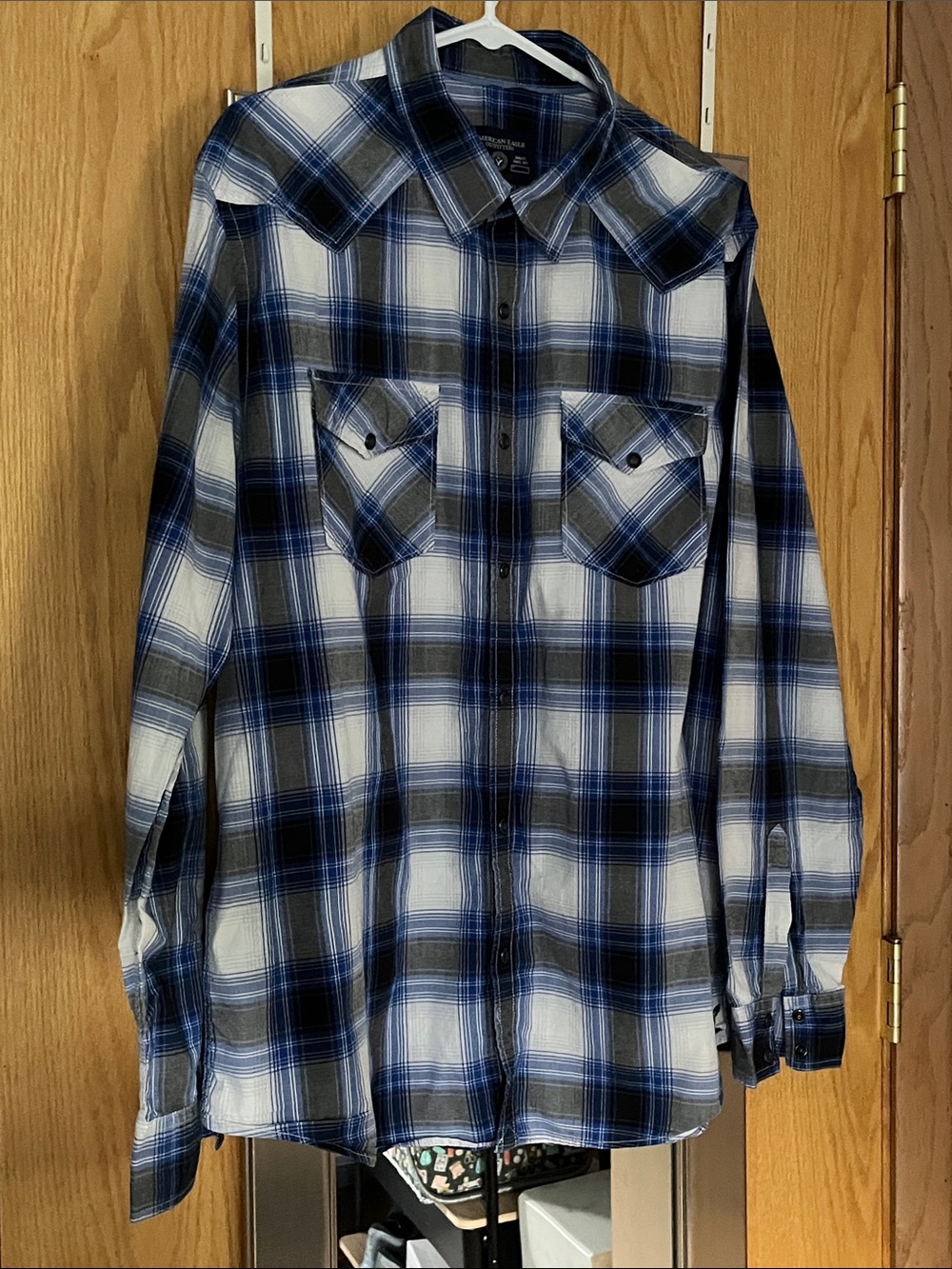 American Eagle Outfitters Blue and White Plaid western snap front Shirt XXL